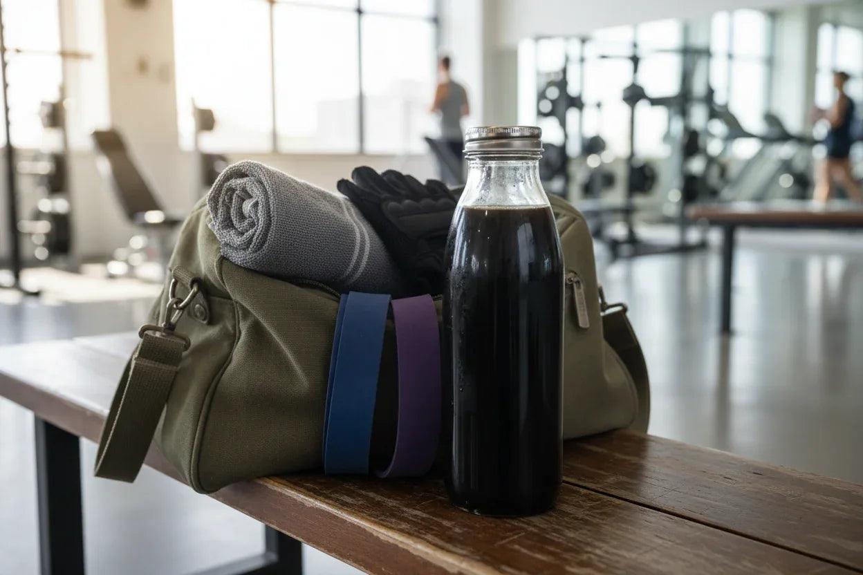 show-a-gym-bag-with-usual-gym-equipment-open-on-a-gym-bench-with-a-clear-bottle-clearly-filled-with-a-black-cold-brew-coffee - Ignite Coffee Co